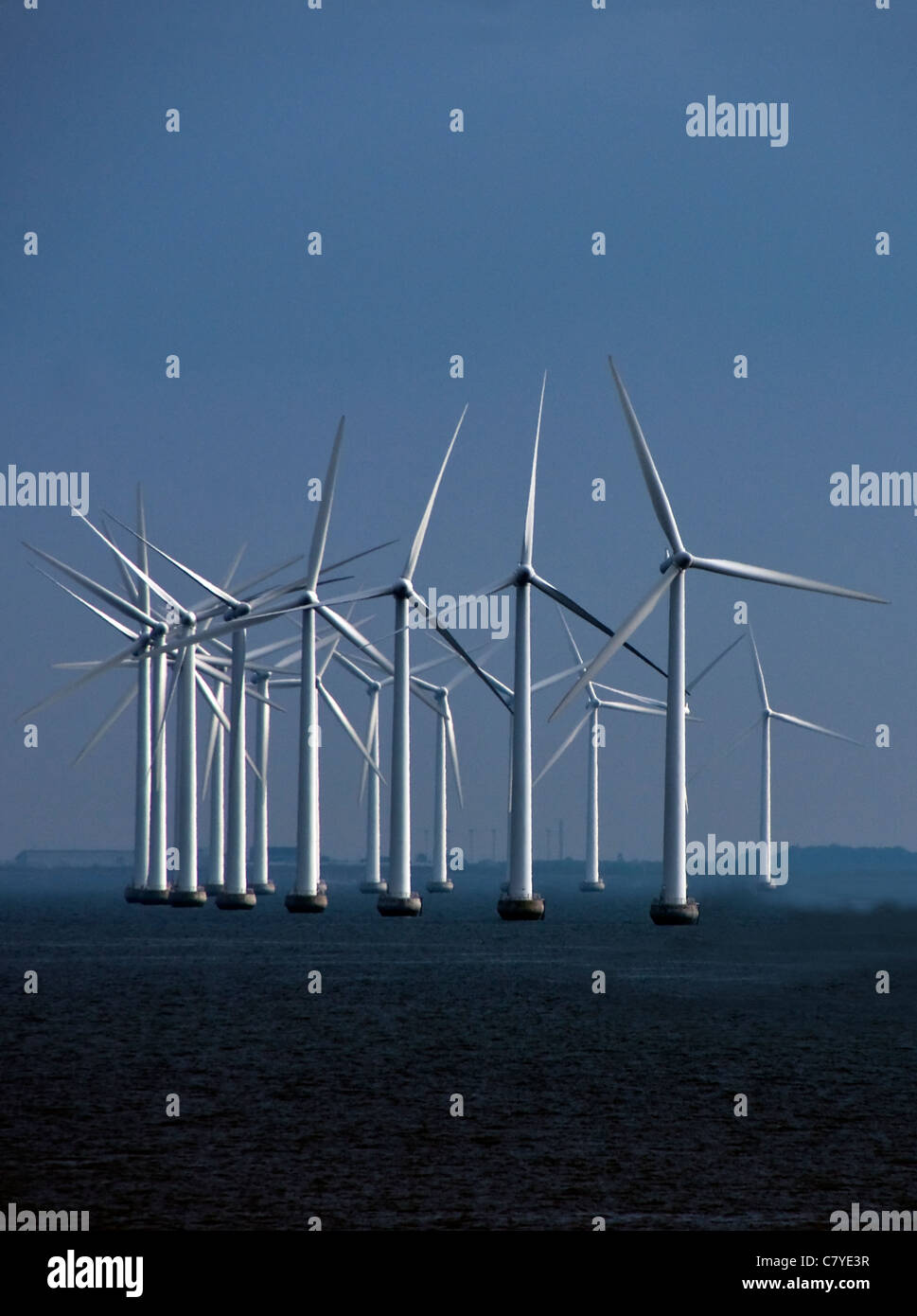 Wind turbines on North Sea coast of Denmark near Copenhagen. Stock Photo