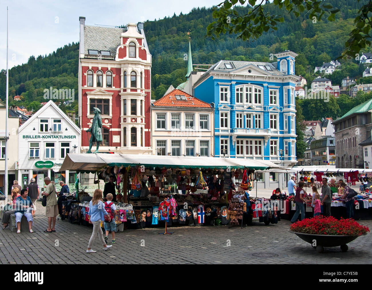 Vagsallmenningen Square souvenir market adjacent to Fish Market in central Bergen Stock Photo