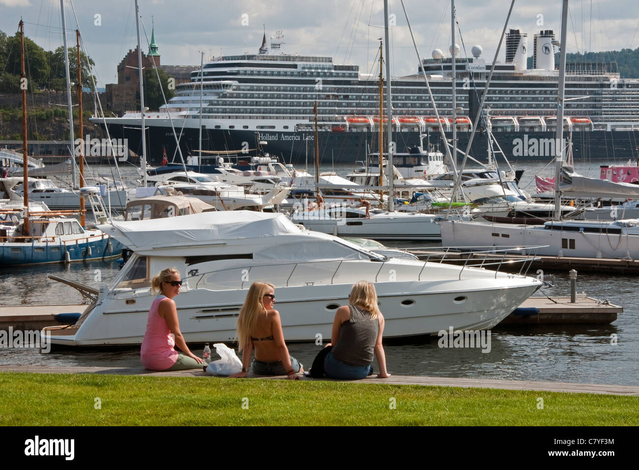 Along Stranden in trendy Aker Brygge harborfront section of Oslo Stock Photo