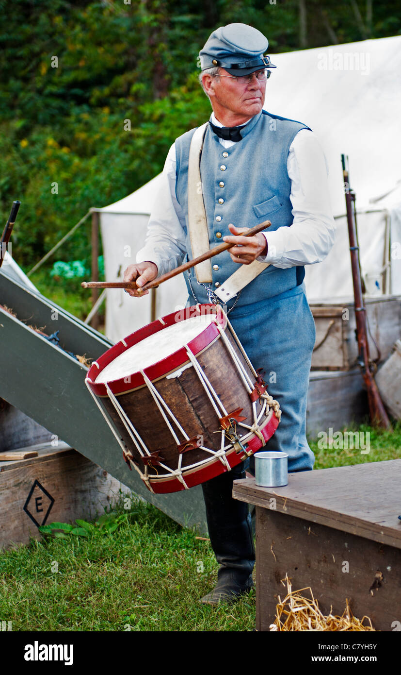 Civil War reenactment, Confederate soldier playing a drum at the Virginia State Fair in Richmond Virginia Stock Photo