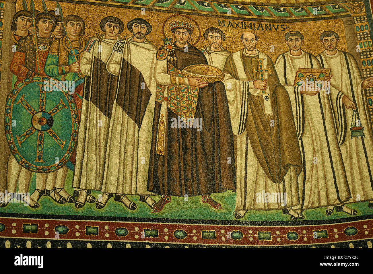Emperor Justinian I and his court early 6th century mosaic San Vitale Church Ravenna Italy General Belisarius Bishop Maximianus Stock Photo