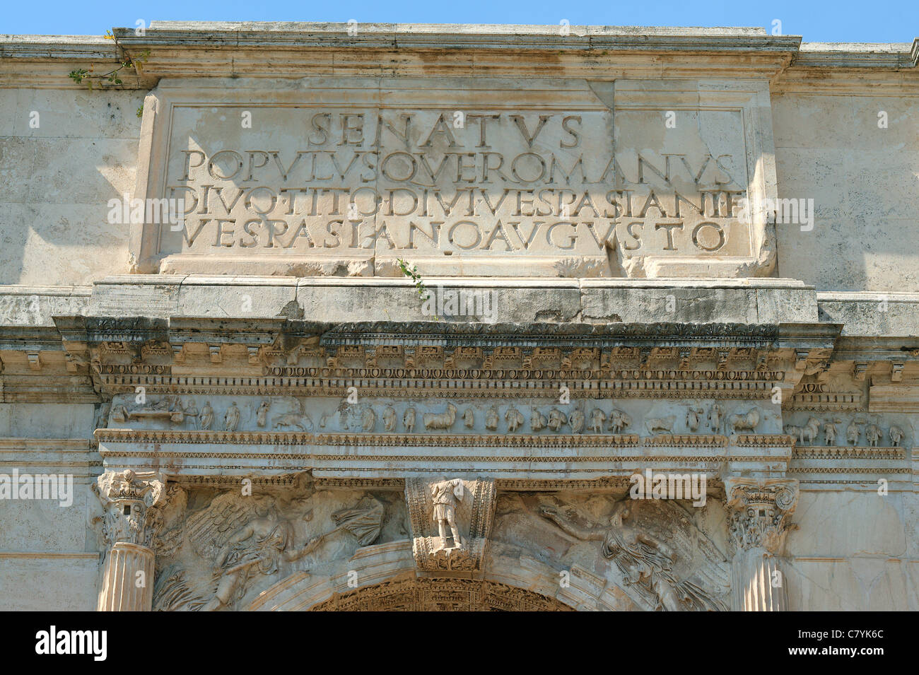 Emperor Titus s Triumphal arch inscription Rome Senatus Populusque Romanus Divo Tito Divi Vespasiani Filio Vespasiano Augusto Stock Photo