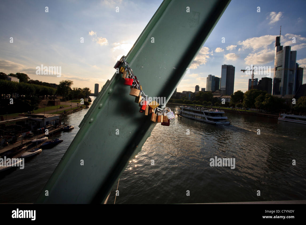 Frankfurt city centre taken from a bridge crossing the river Main. Stock Photo