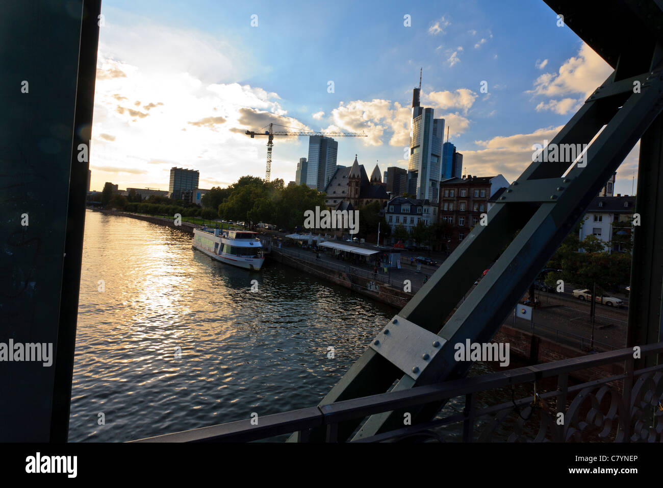 Frankfurt city centre taken from a bridge crossing the river Main. Stock Photo