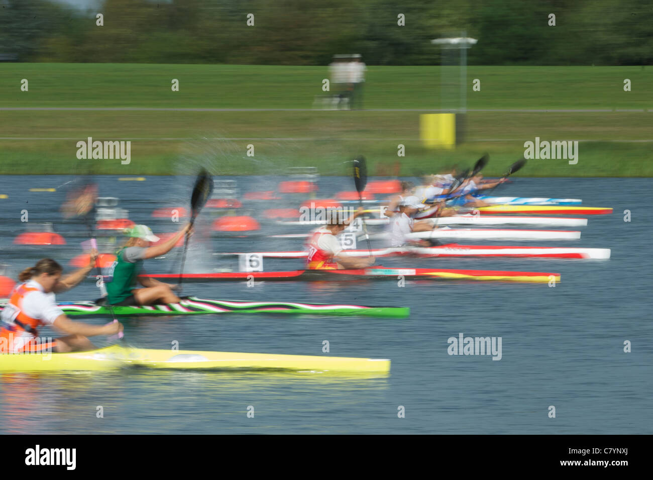 Competitors at start, Canoe Sprint Olympic Test Event, women's 200m K1, Eton Dorney Lake Eton Dorney, England Stock Photo