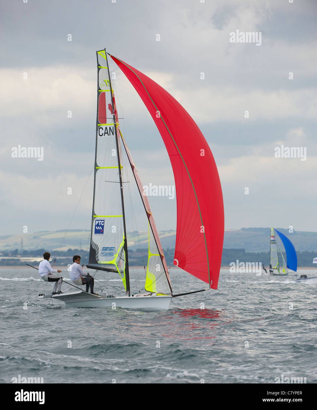 Gordon Cook and Hunter Lowden (CAN), Sailing Olympic Test Event, 49er men's skiff Class, Weymouth, England, Stock Photo