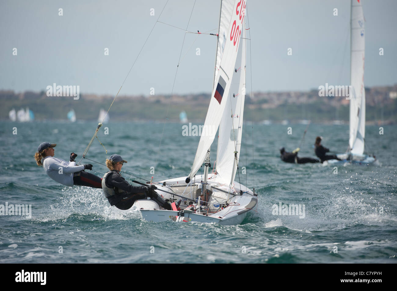 Vlada Ilienko and Elena Khryukina (RUS), 470, women's two person dinghy, Sailing Olympic Test Event, Weymouth, England Stock Photo