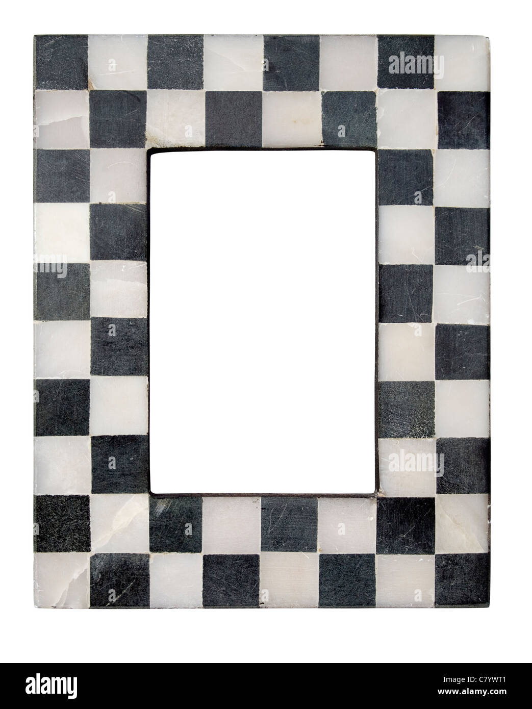 An old marble chequer picture frame, isolated on white with clipping path and copy space. Stock Photo
