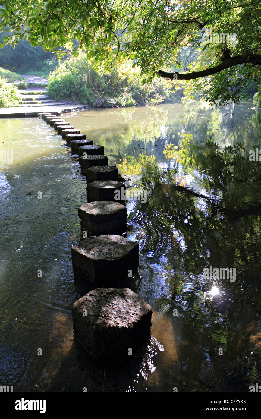 The stepping stones crossing the river Mole below Box Hill near Dorking Surrey England UK Stock Photo