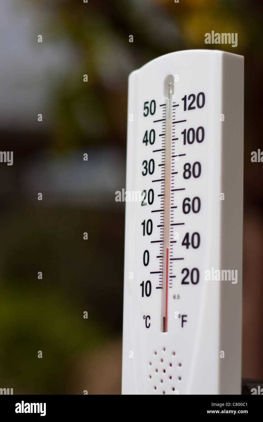 Thermometer shown outside with low temperature Stock Photo Alamy