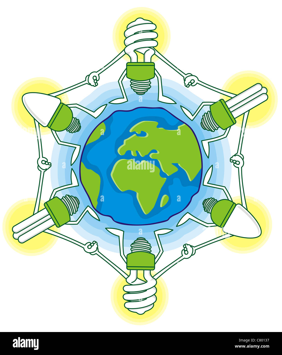 Earth globe cartoon with compact fluorescent light bulbs Stock Photo