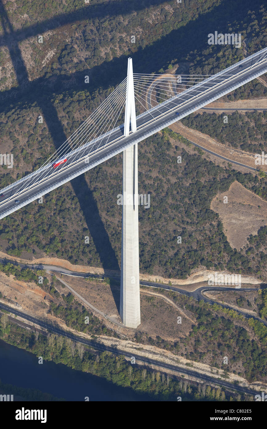 AERIAL VIEW. Millau Viaduct's 343-meter-high pylon # 2 on the right bank of the Tarn River. World's tallest bridge as of 2020. Occitanie, France. Stock Photo