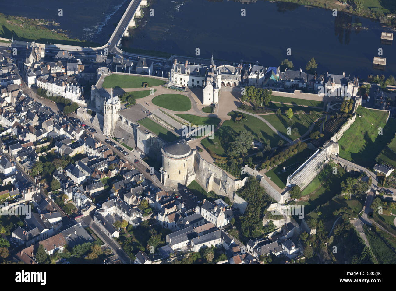 AERIAL VIEW. Amboise Castle on the left bank of the Loire River. A UNESCO world heritage site. Indre-et-Loire, Centre-Val de Loire, France. Stock Photo