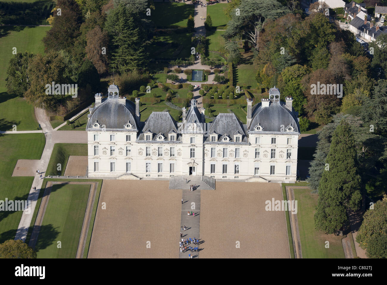 AERIAL VIEW. 17th century Cheverny Castle. On the UNESCO world heritage list. Loir-et-Cher, Centre-Val de Loire, France. Stock Photo