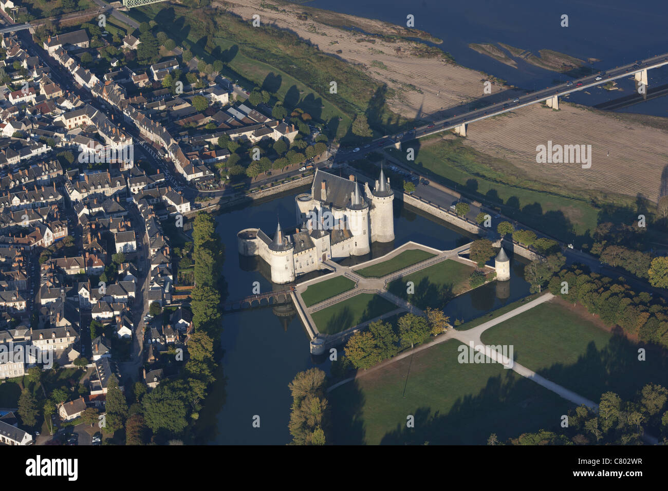 AERIAL VIEW. Sully-sur-Loire Castle on the left bank of the Loire River. On the UNESCO world heritage list. Loiret, Centre-Val de Loire, France. Stock Photo