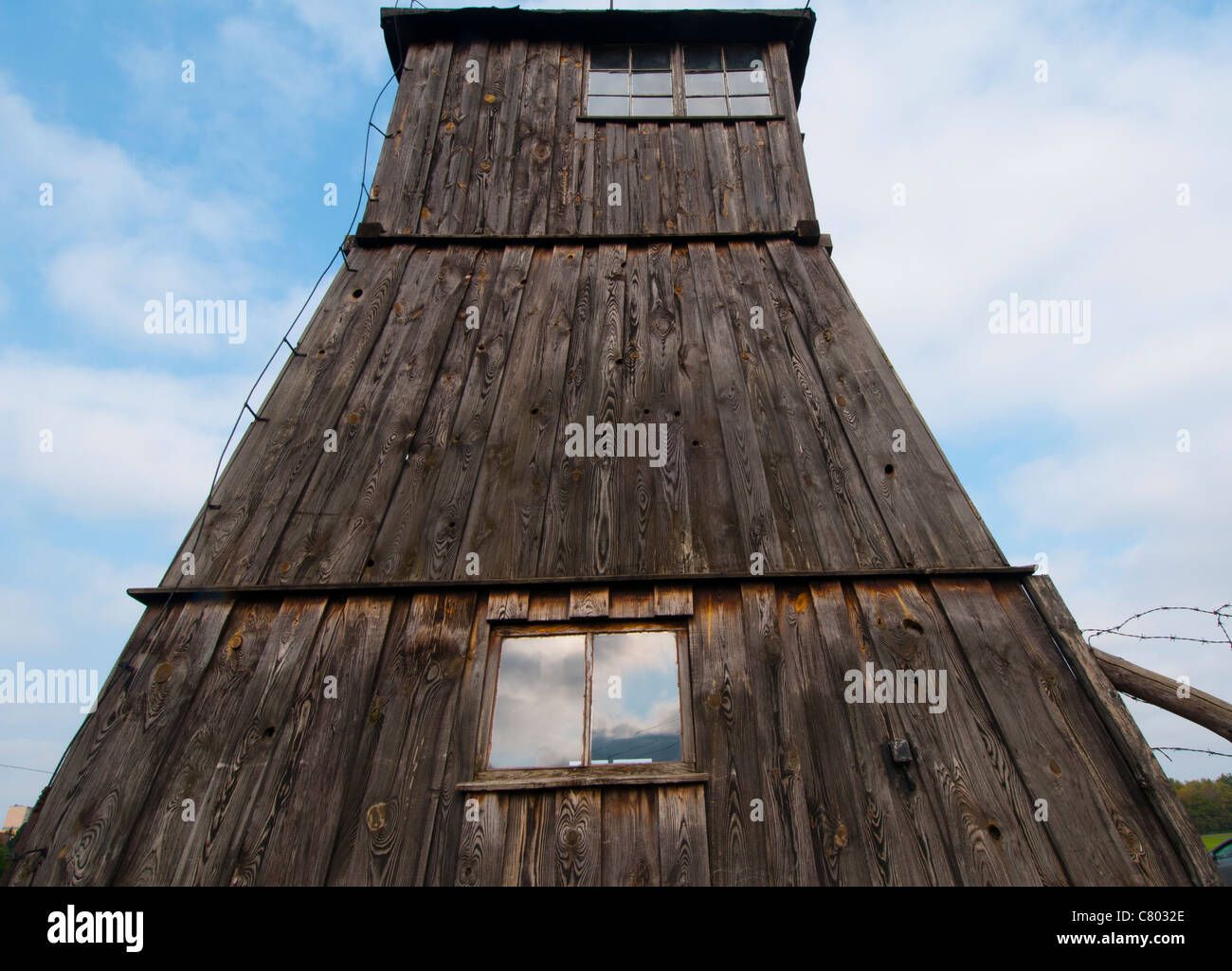 Guard tower at entrance to Majdanek concentration camp Stock Photo