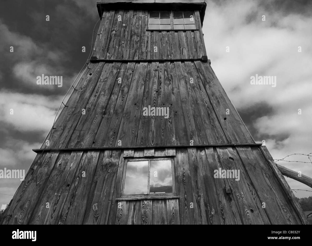 Guard tower at entrance to Majdanek concentration camp - B+W rendition Stock Photo