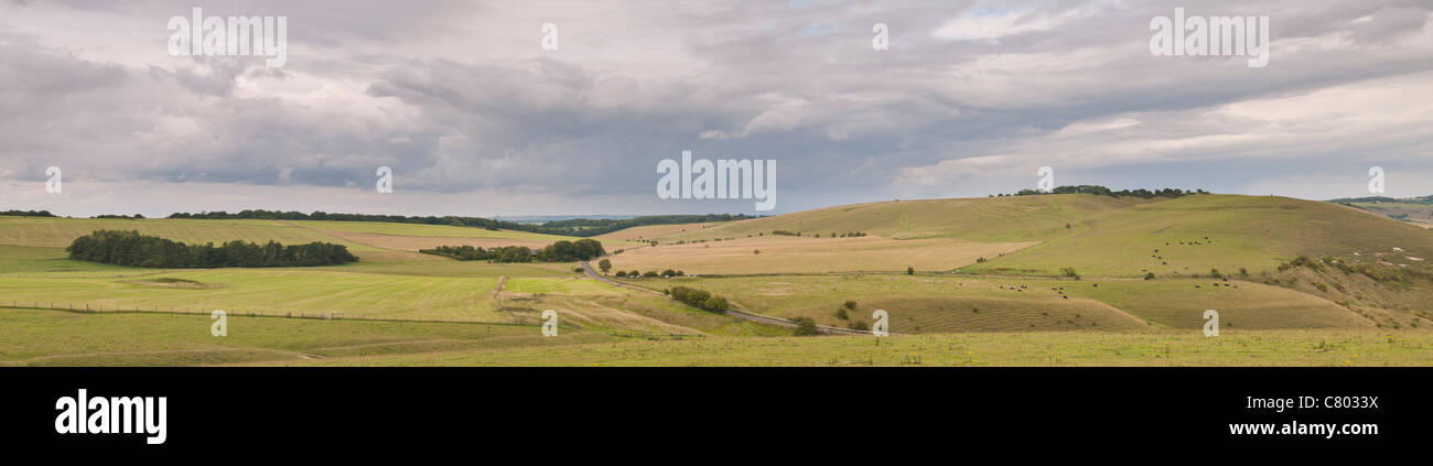 Panoramic view from Walkers Hill, near Alton, Wiltshire, UK (image size 99x25cm) Stock Photo
