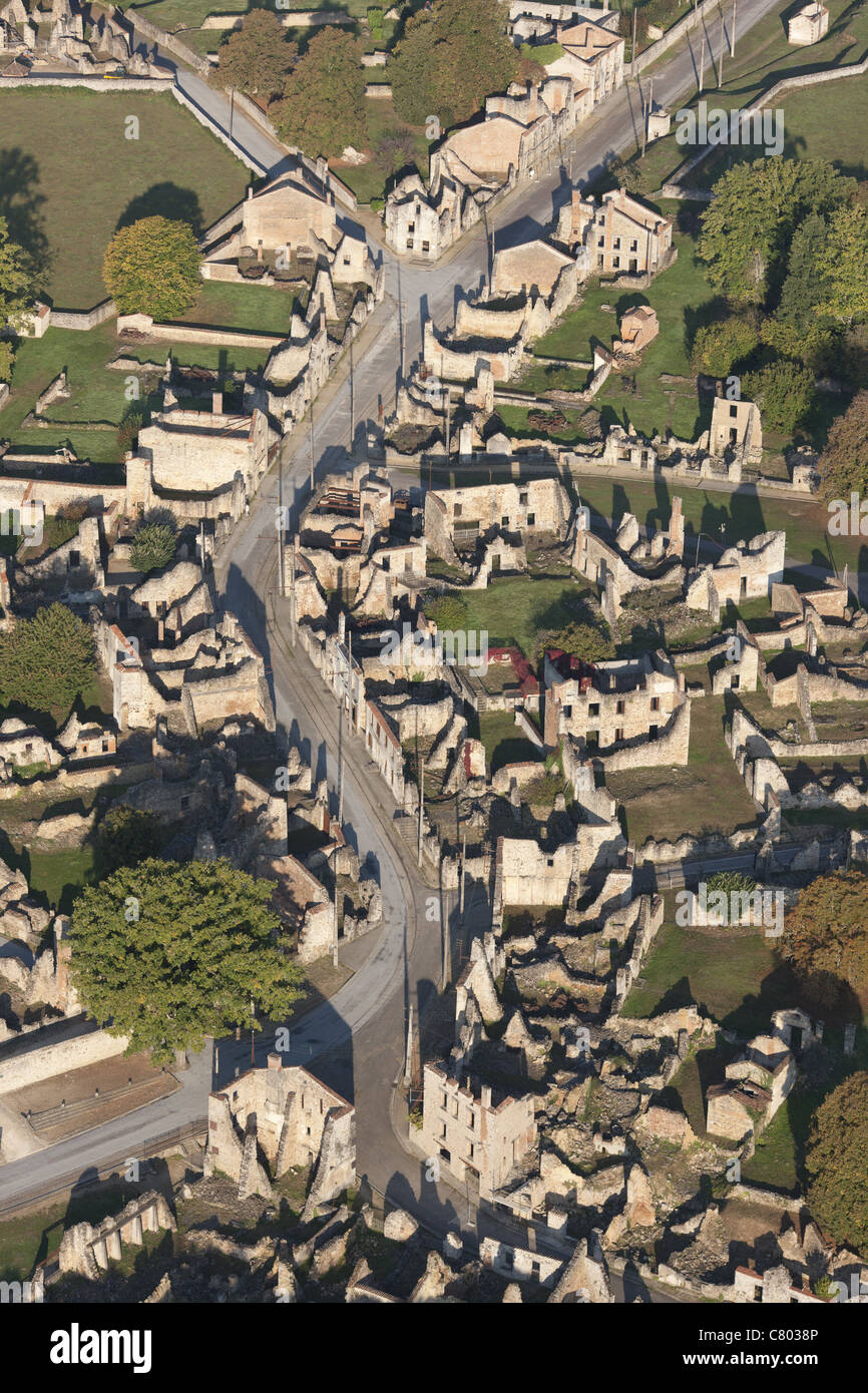 AERIAL VIEW. Site of a WWII massacre; German soldiers killed all 642 inhabitants, including children. Oradour-sur-Glane, Nouvelle-Aquitaine, France Stock Photo