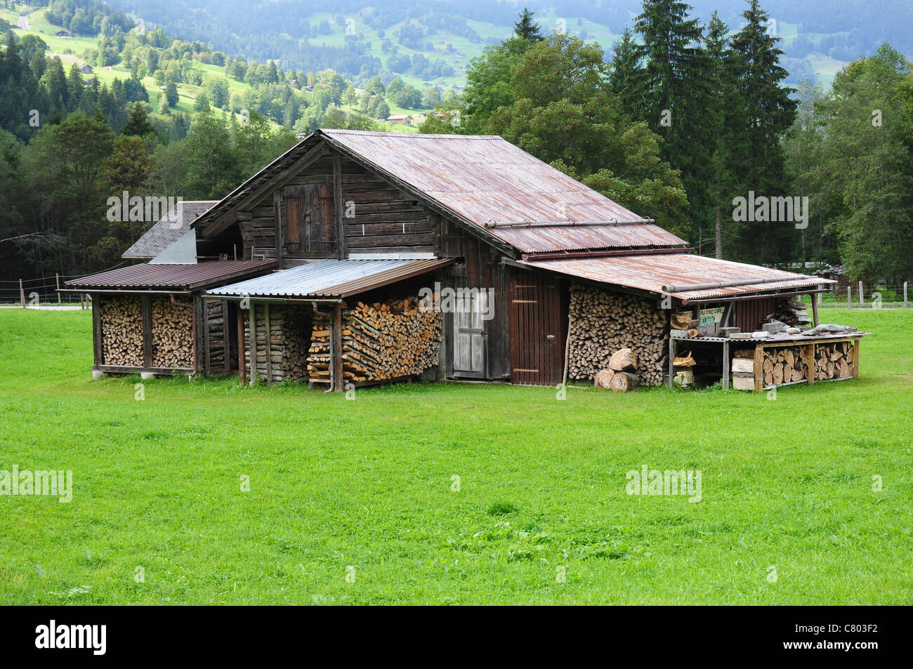 Farm storage building and wood store leanto sections, Grindelwald valley,  Bernese Oberland, Switzerland Stock Photo - Alamy