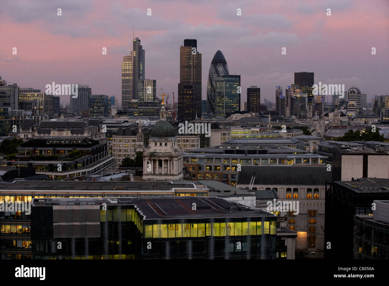 City scape of London at dusk including The Gherkin Stock Photo