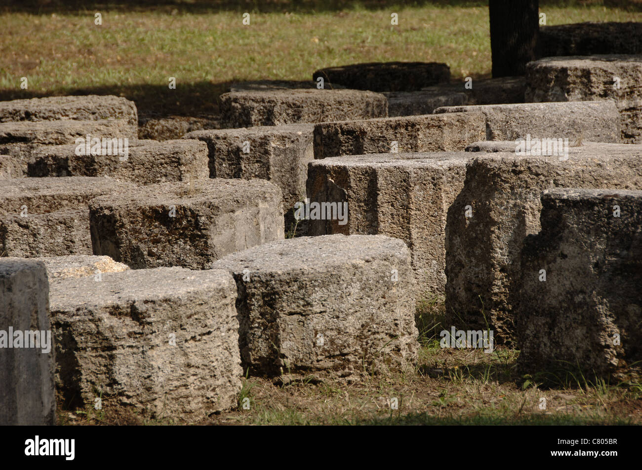 Greek Art. Remains of column shafts. Olympia. Greece. Stock Photo