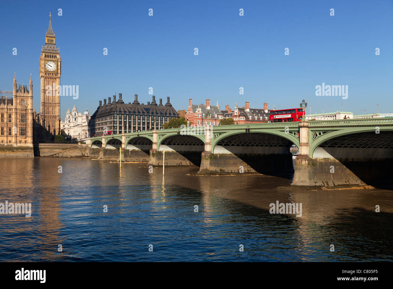 Big Ben and Westminster Bridge, Autumn morning Stock Photo