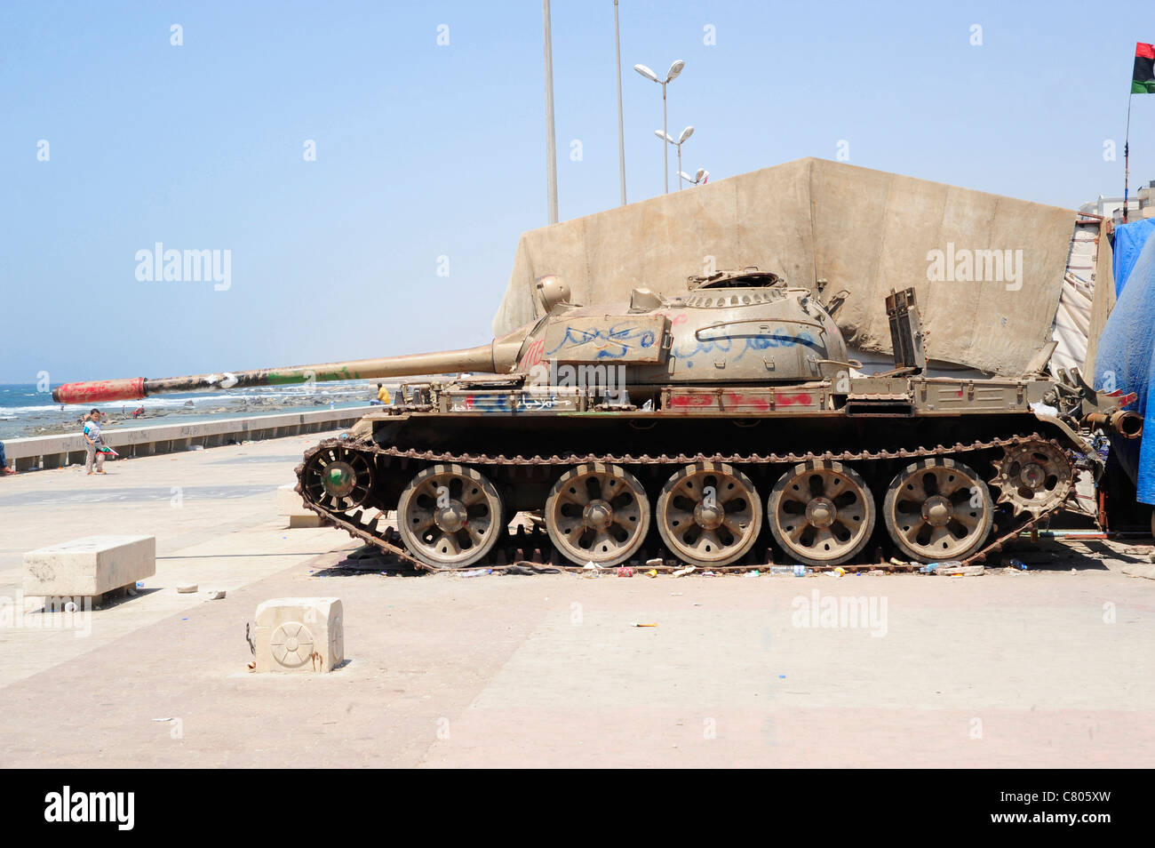 A T-55 tank on the seafront in Benghazi, Libya. Stock Photo