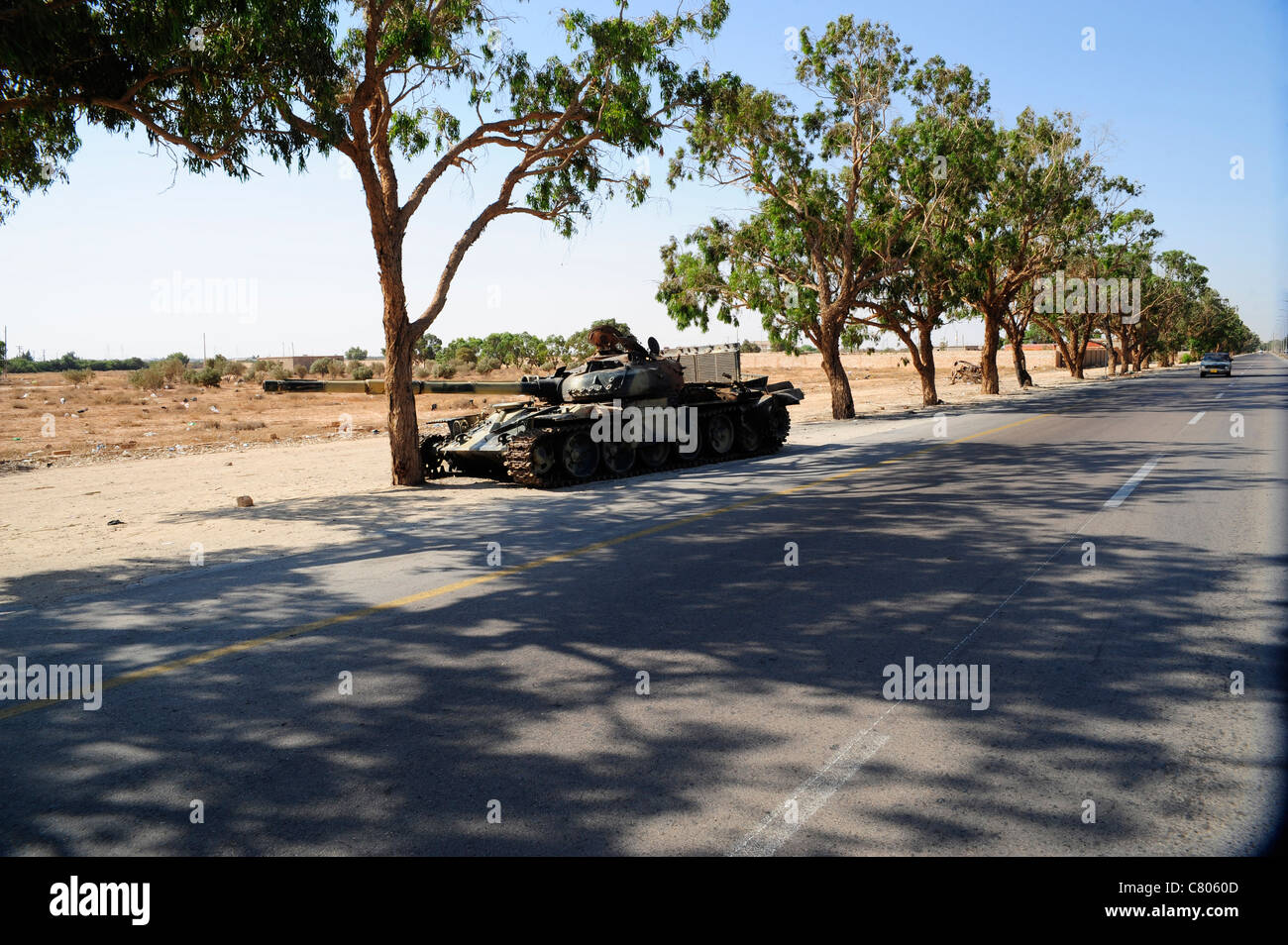 A T-72 tank destroyed by NATO forces just outside Benghazi, Libya. Stock Photo