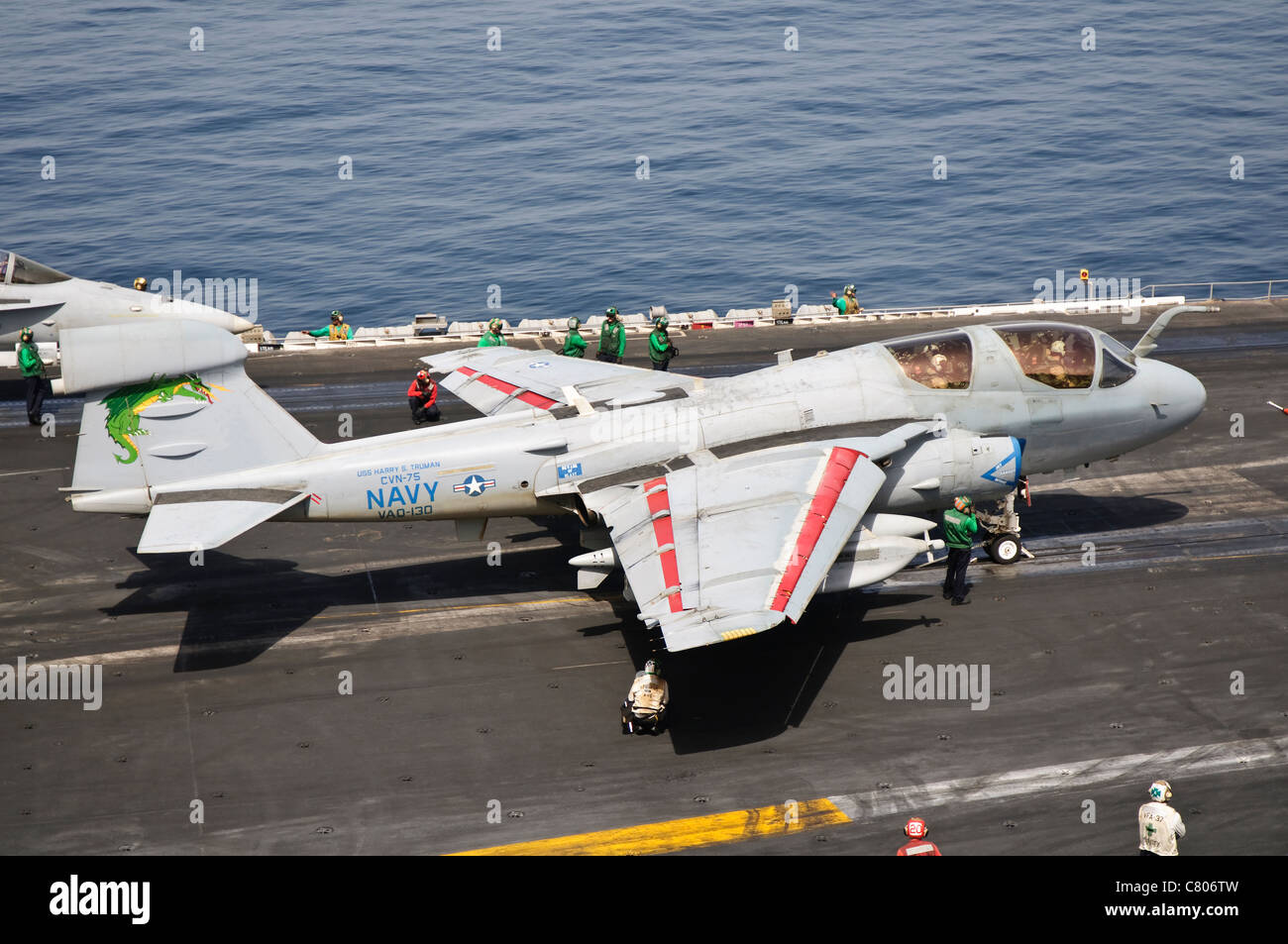 An EA-6B Prowler assigned to VAQ-130 is ready to go from the flight deck of USS Harry S. Truman. Stock Photo