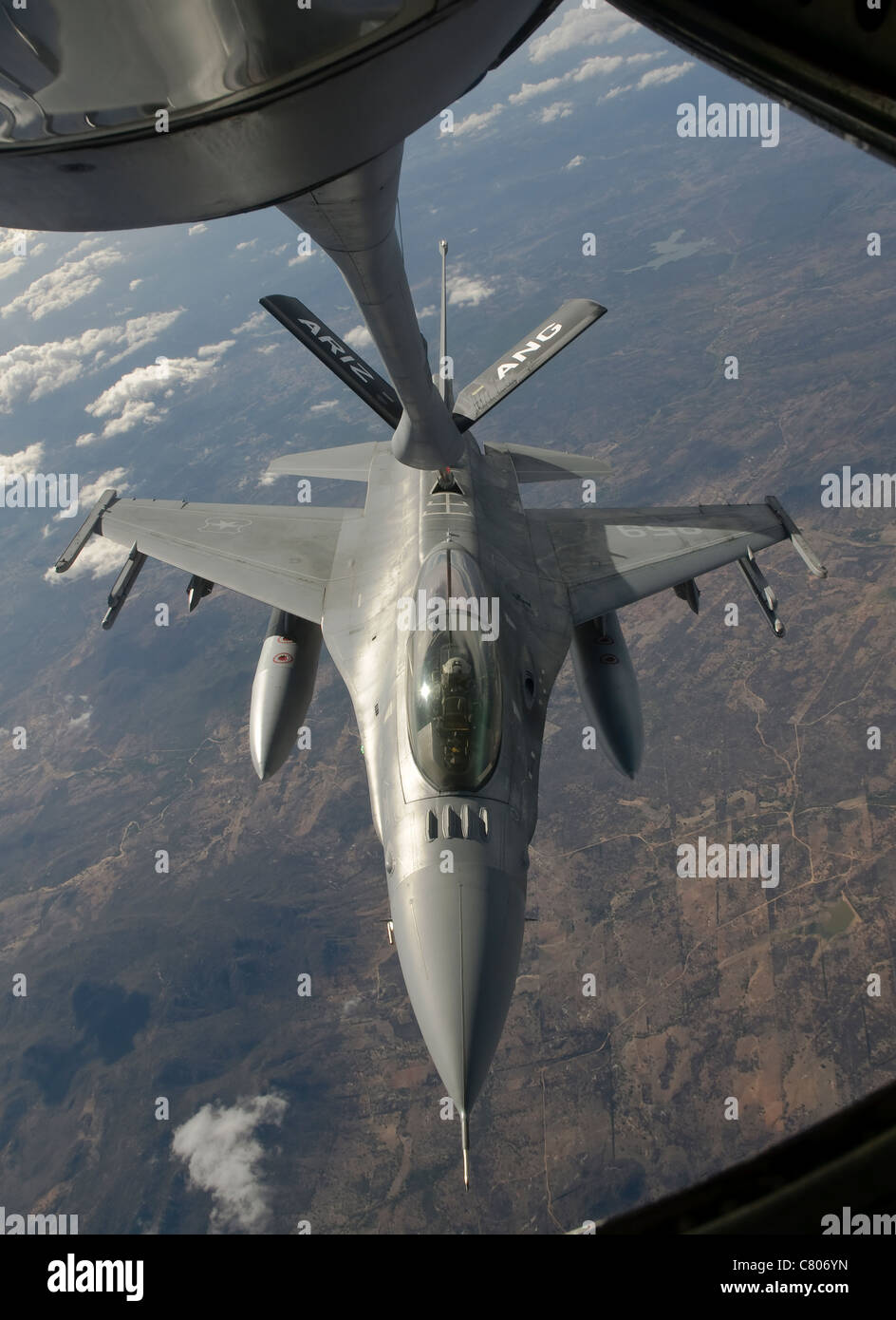 A Chilean Air Force F-16 Fighting Falcon refuels from a U.S. Air Force KC-135 Stratotanker over Brazil during Exercise CRUZEX V. Stock Photo