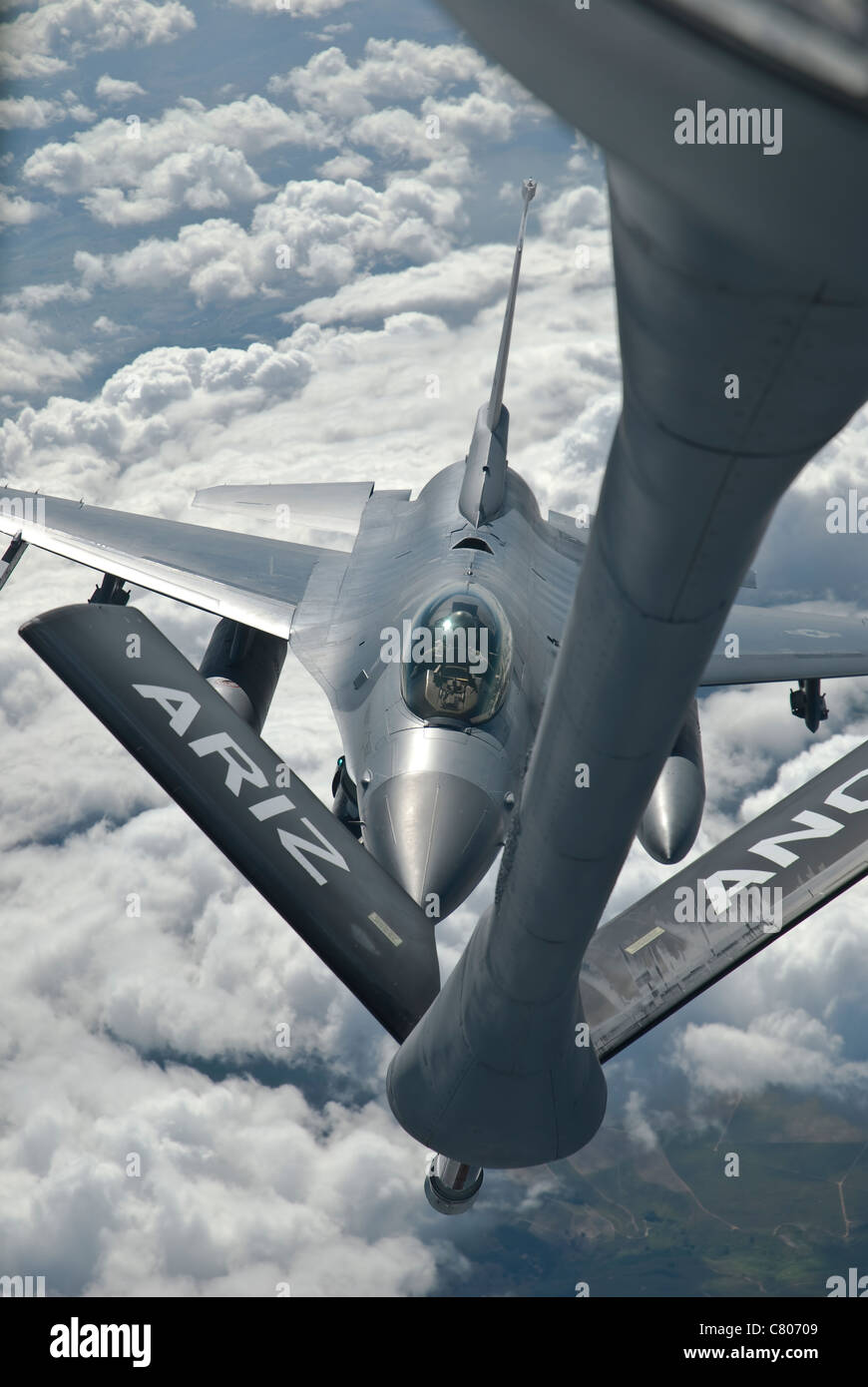 An F-16 from Colorado Air National Guard refuels from a U.S. Air Force KC-135 Stratotanker over Brazil during Exercise CRUZEX V. Stock Photo