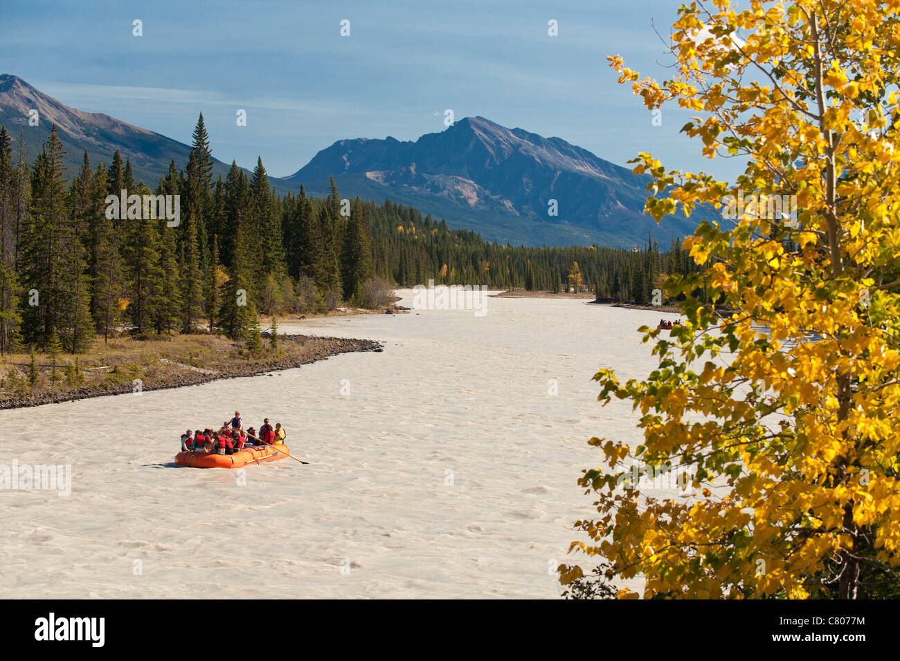 Group of tourists on rafting tour on Athabasca River-Jasper National Park, Alberta, Canada Stock Photo