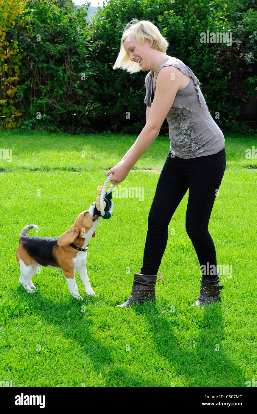 Young woman playing with her pet puppy dog. Stock Photo