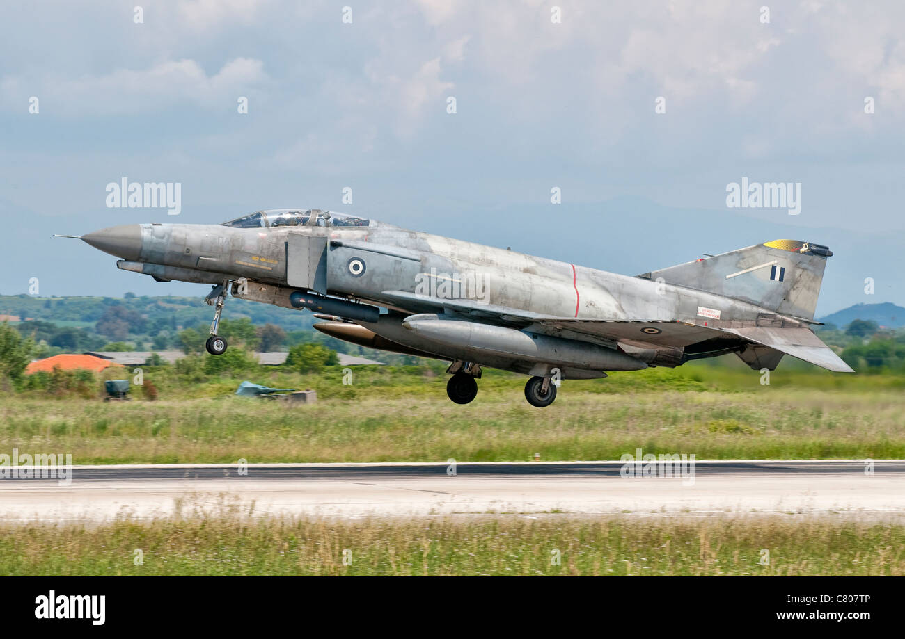 An F-4 Phantom of the Hellenic Air Force landing at Andravida Air Base, Greece. Stock Photo