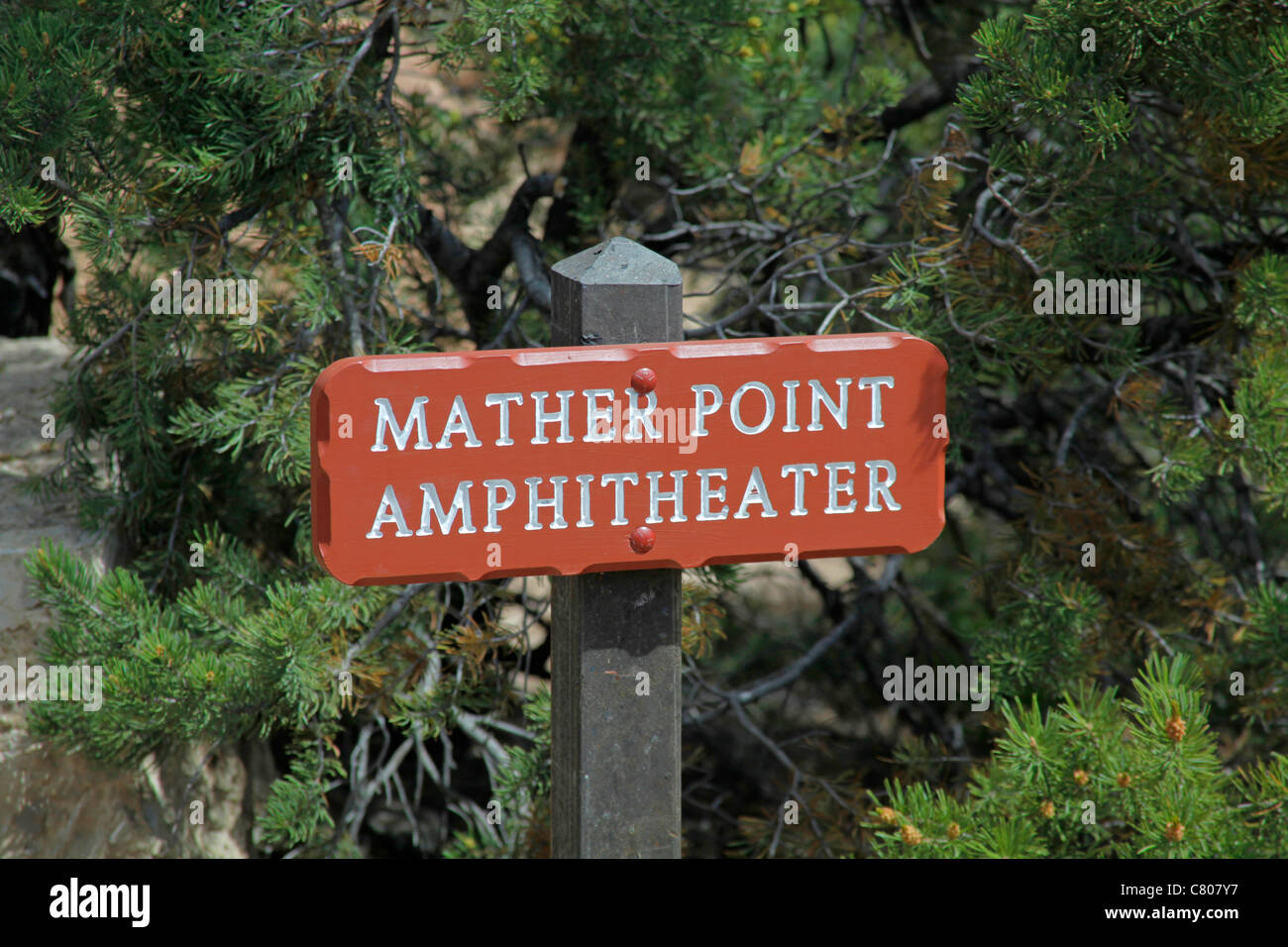 A sign post of Mother Point Amphitheater Grand Canyon Arizona USA Stock Photo