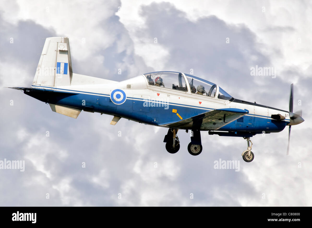 A Hellenic Air Force T-6 Texan II prepares to land at Kalamata Air Base, Greece, after a training mission. Stock Photo