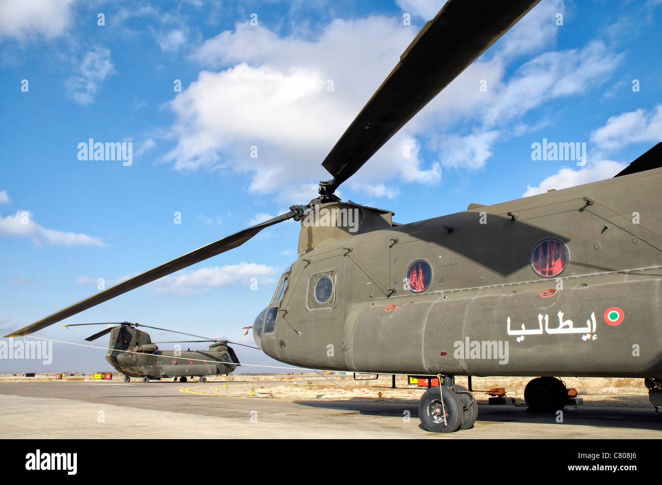 Italian Army CH-47C Chinook helicopters at Forward Operating Base Herat, Regional Command West, Afghanistan. Stock Photo
