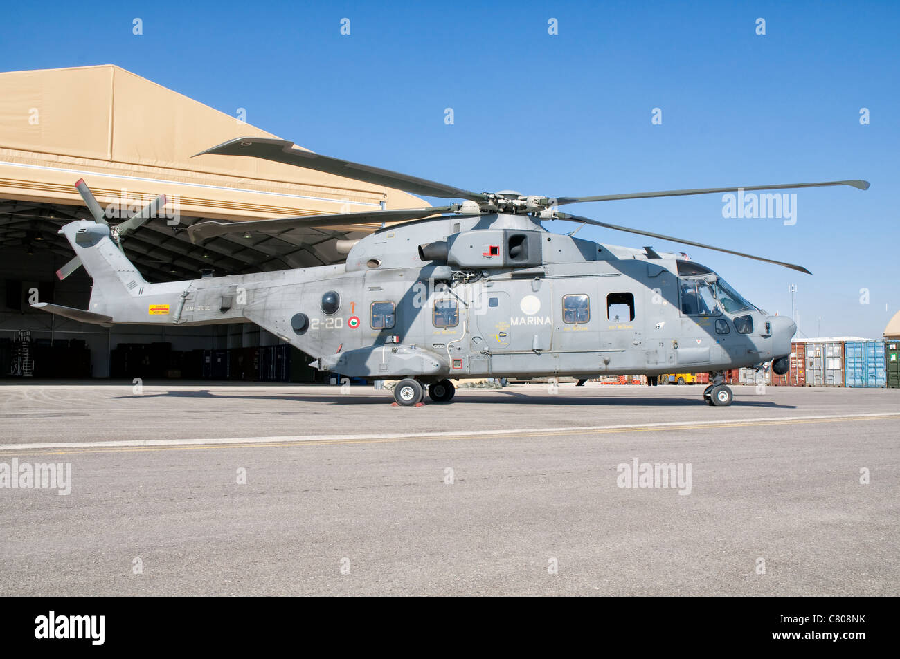 An Italian Navy EH101 helicopter at Forward Operating Base Herat, Afghanistan. Stock Photo