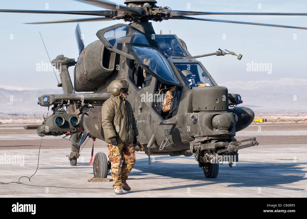 An Italian Army Agusta AW129 Mangusta attack helicopter at Forward Operating Base Herat, Regional Command West, Afghanistan. Stock Photo