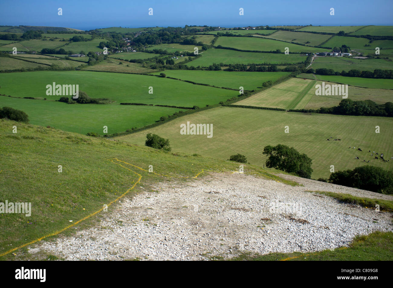 View of the Dorset countryside and Sea from The Osmington White Horse Stock Photo