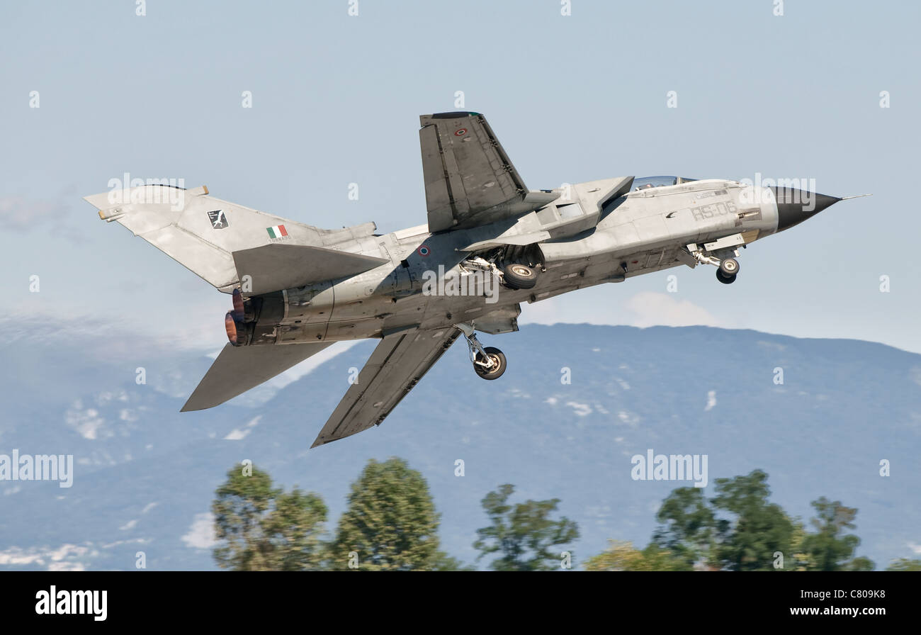 An Italian Air Force Panavia Tornado takes off from Rivolto Air Base in the north of Italy. Stock Photo