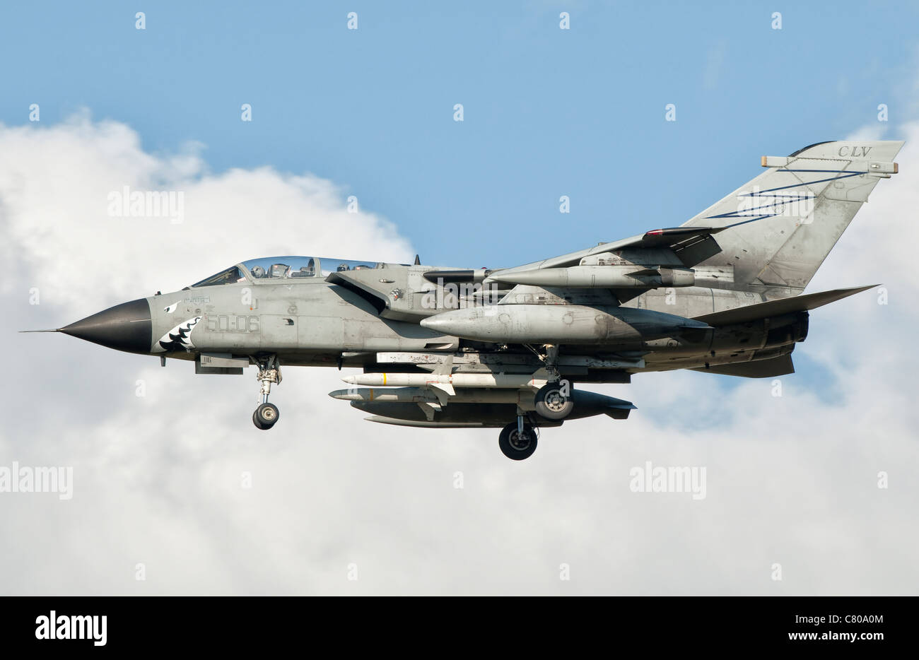 An Italian Air Force Panavia Tornado ECR returns from a mission over Libya. Stock Photo