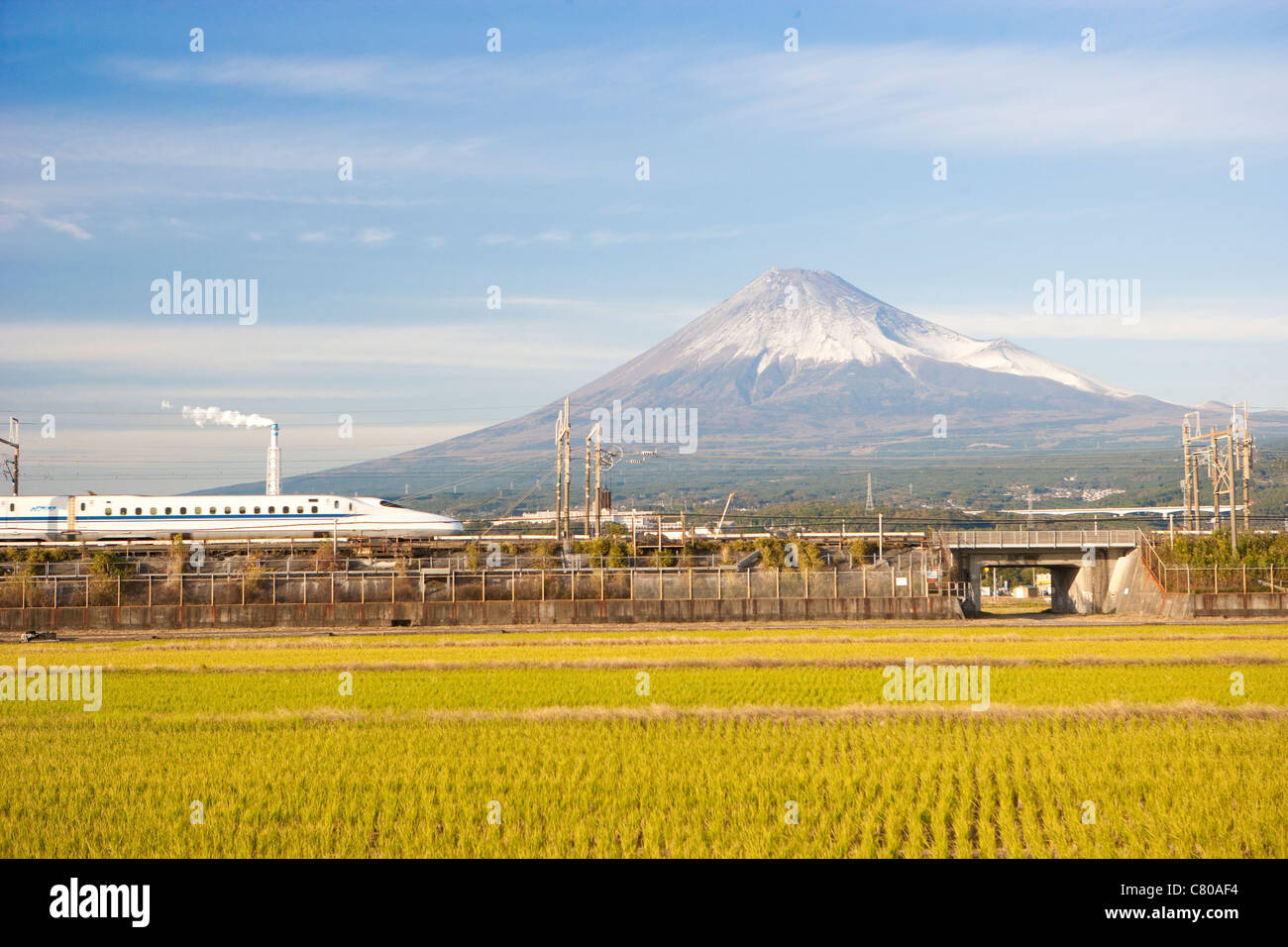 Bullet Train passing by Rice Field and Mount Fuji Stock Photo