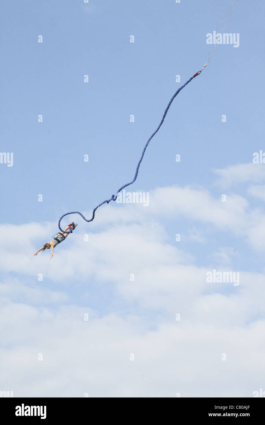 Colour photo of a girl bungee jumping in Ontario, Canada at The