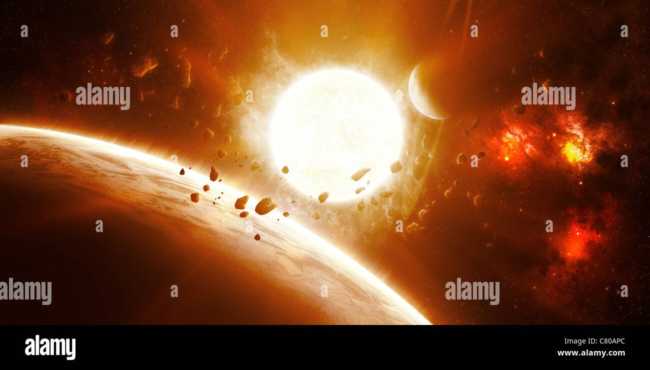 51 Pegasi is a sun quite like our own with a group of bold planets that bask closely within its suns rays. Stock Photo