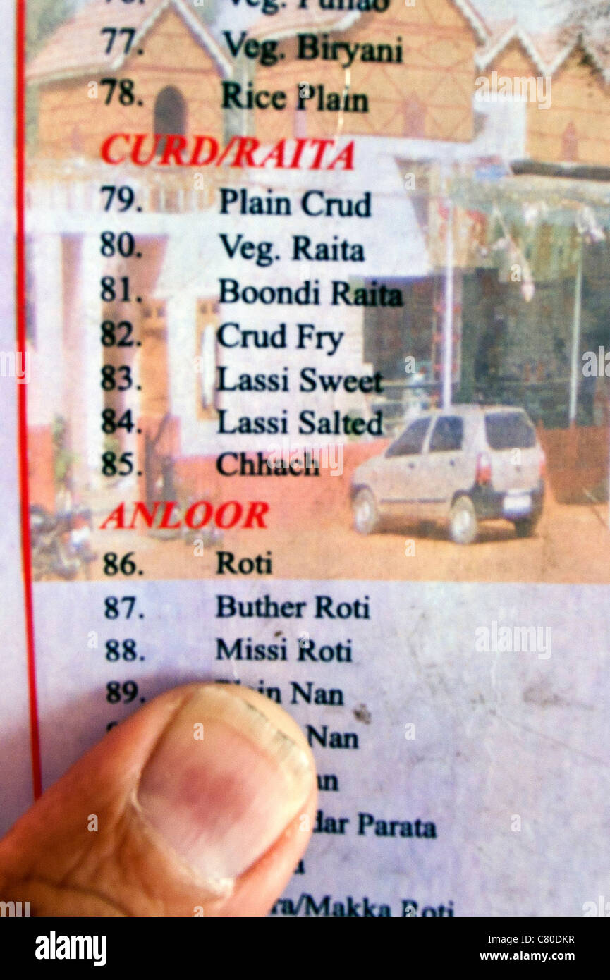 Amusing Indian menu with amusing English mistakes offering crud Rajasthan India Stock Photo