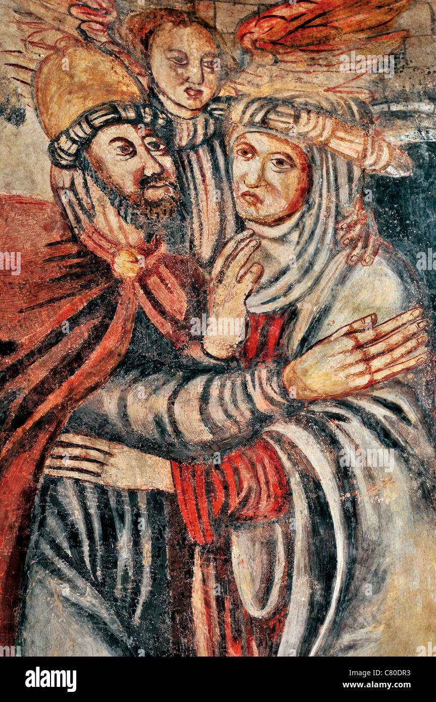 Spain, Galicia: Detail of a medieval wall fresco  in the Basilica San Martin de Mondoñedo Stock Photo