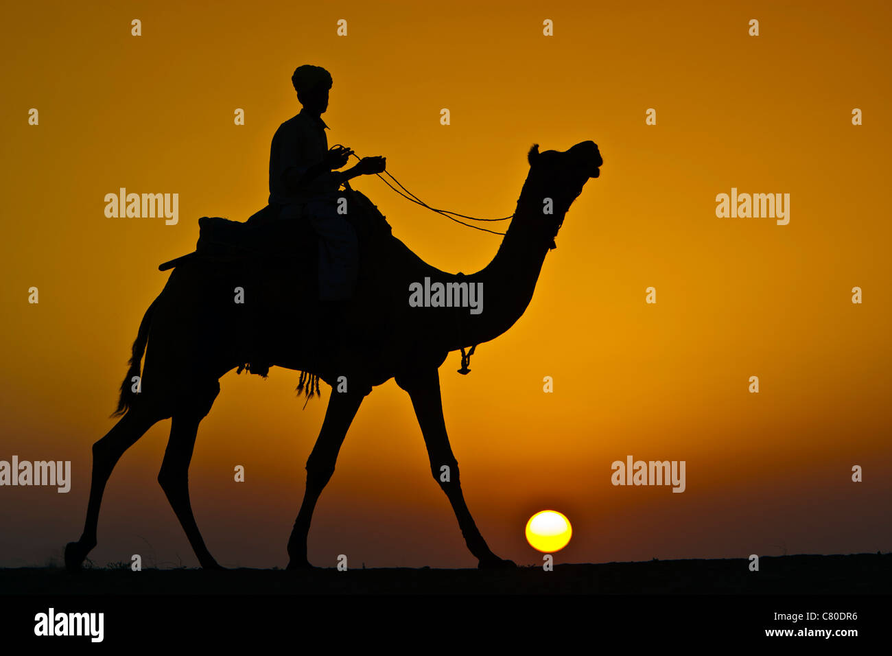 Silhouette of man and camel sunrise Thar Desert near Khuri Rajasthan India Stock Photo