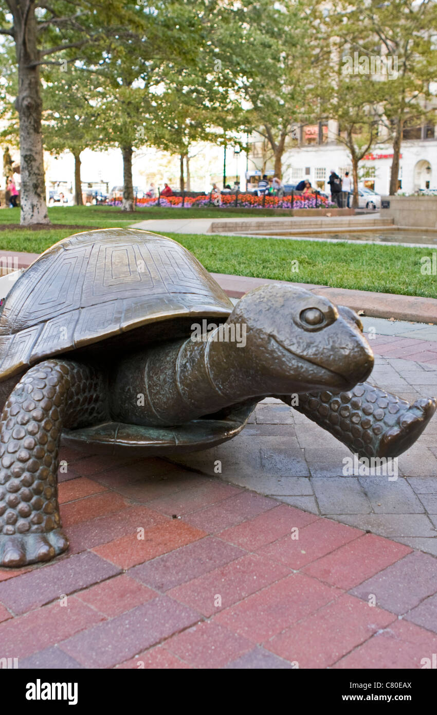 A tortoise sculpture appears to be walking in Copley Plaza in Boston. Stock Photo